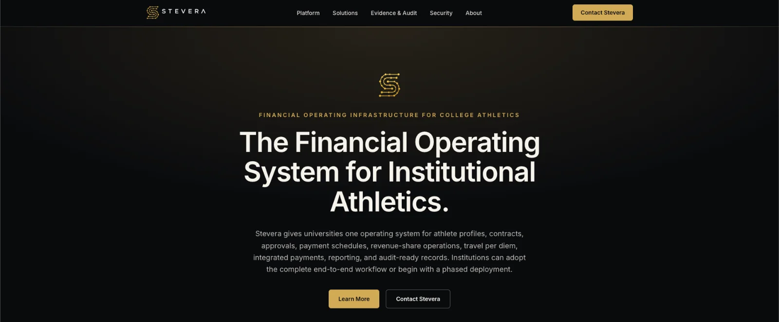 Stevera homepage hero — dark background with gold accents, the Stevera monogram, and the headline ‘The Financial Operating System for Institutional Athletics.’